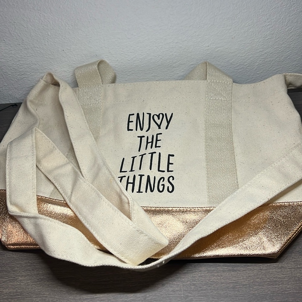 Enjoy the Little Things Bath & Body Works small bag tote gold canvas beige tan
